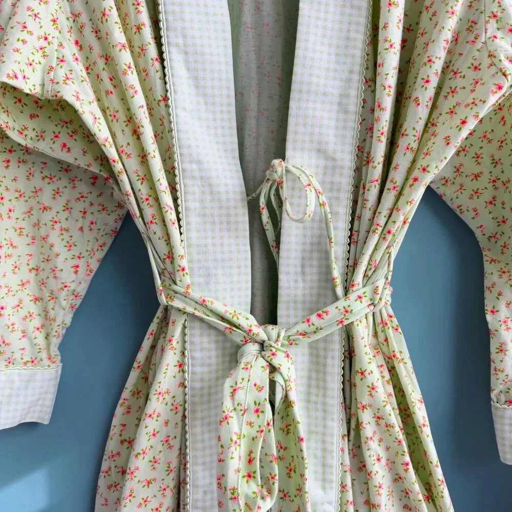 Charter Club Cottagecore Mint Green Floral Gingham Cotton Kimono Wrap Robe XL